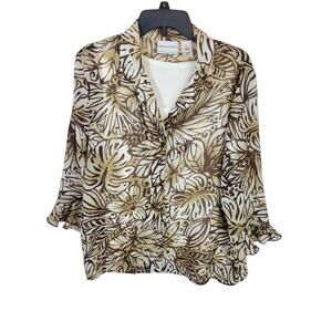 Alfred Dunner Brown Tropical Sequin Button Front 2 in 1 Top‎ Women's Size 16P